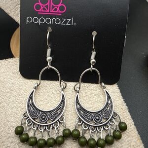 Paparazzi Silver Crescent Earrings with Green Beads (1719)